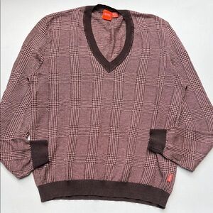 Hugo Boss sweater ‎ Men's V-Neck in Brown Cream houndstooth plaid linen everyday